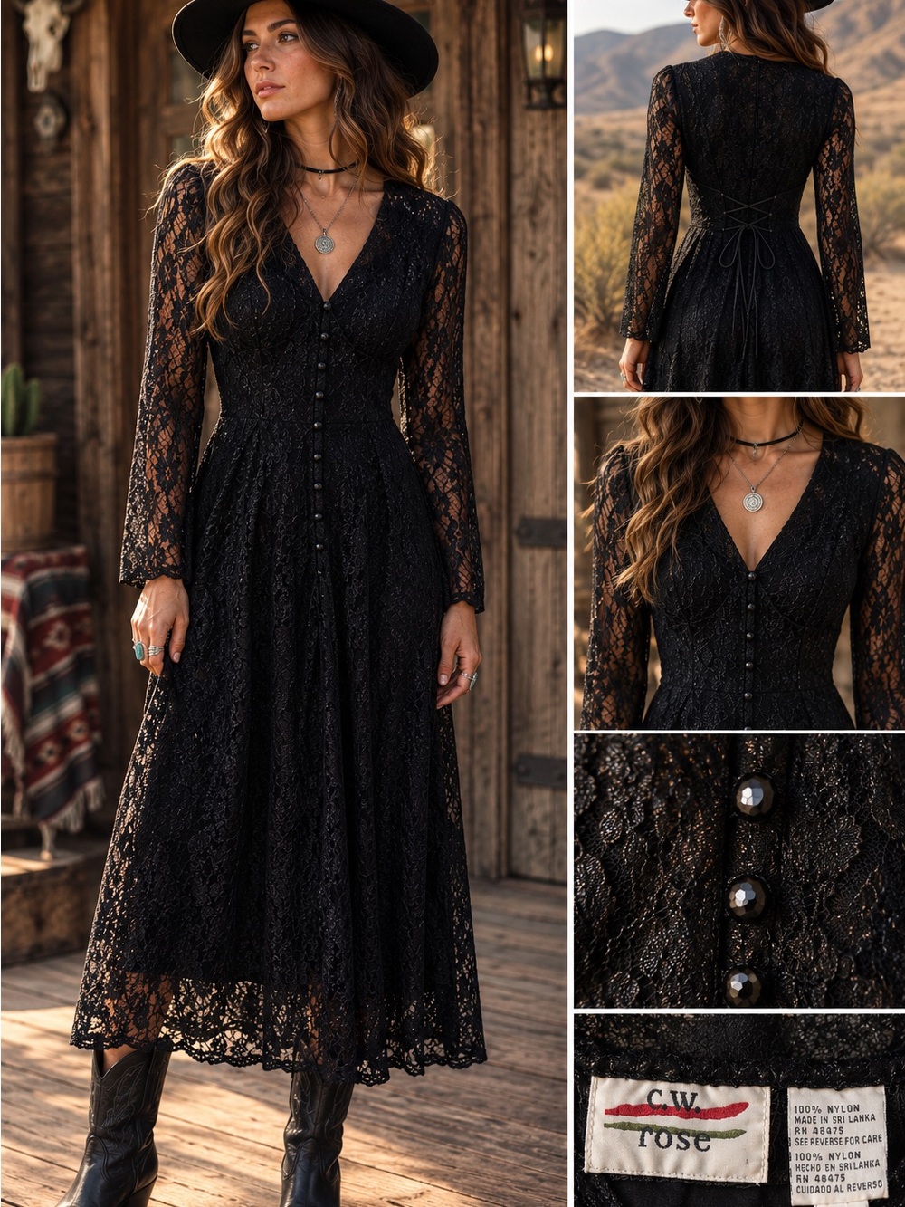Vintage C.W. rose Western Goth Black Lace Long-Sleeve V-Neck Dress
